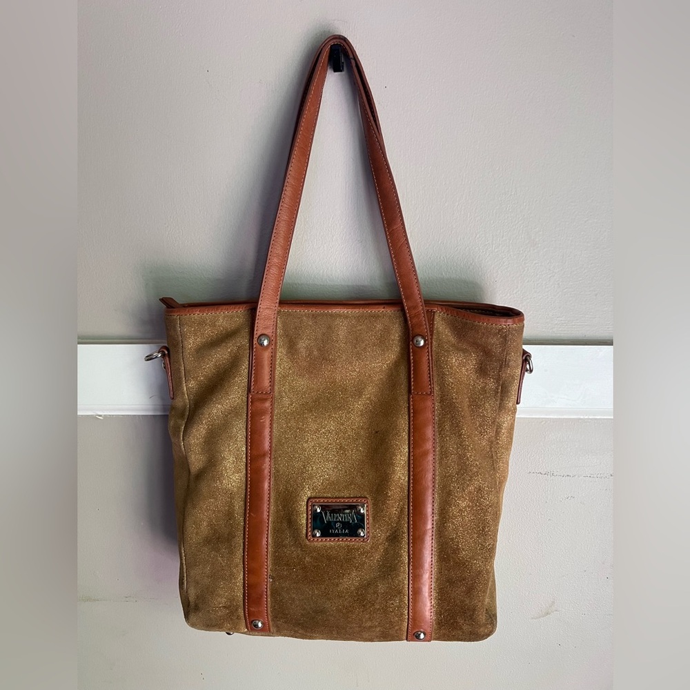 Valentino Suede Tote in Tan and Brown Leather Trim